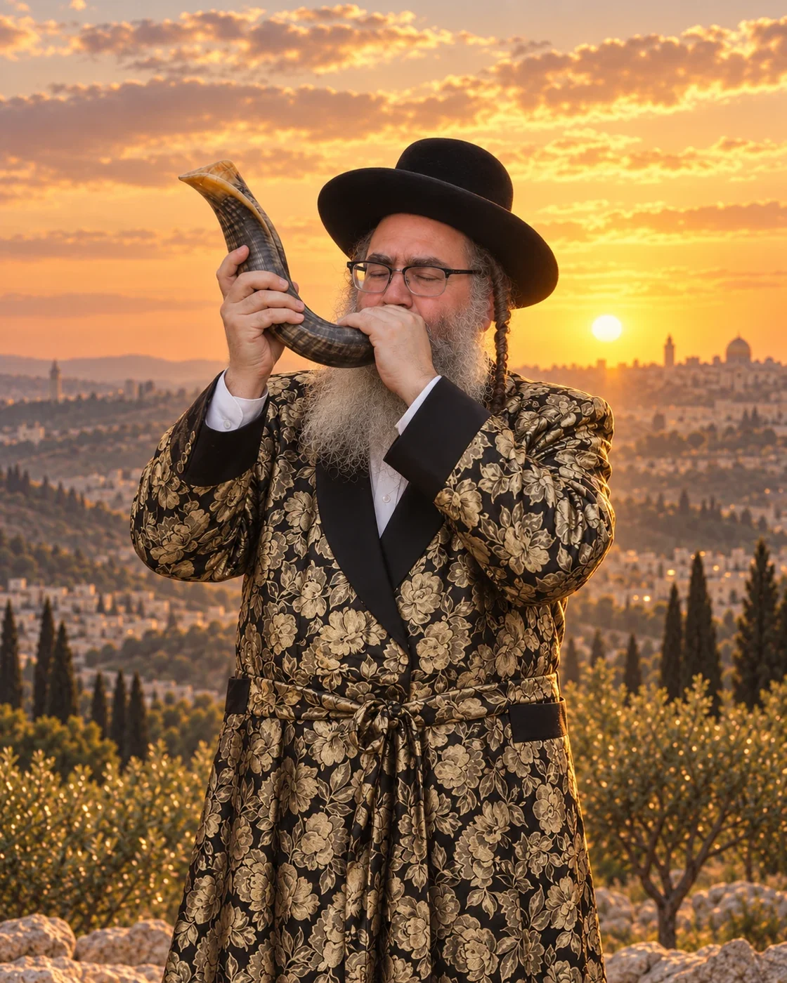 הרב יוסף יחד חדאד שליט״א תוקע בשופר מול נוף ירושלים